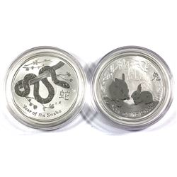 2011 Australia $1 Year of the Rabbit & 2013 $1 Year of the Snake 1oz .999 Fine Silver Coins in Capsu