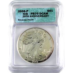 Scarce in PR70! 2006-P USA 1oz Reverse Proof 20th Anniversary .999 Fine Silver Eagle ICG Certified P