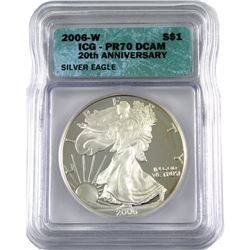 2006-W USA 1oz Proof 20th Anniversary .999 Fine Silver Eagle ICG Certified PR70 DCAM (Lightly toned