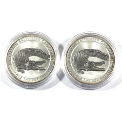 Pair of 2014 Australia $1 1oz Fine Silver Salt Water Crocodiles in Capsules. 2pc (Tax exempt)