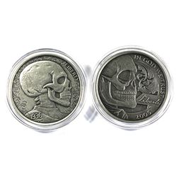 Pair of Limited edition 2016 1oz antique finish Skulls coins by Silver Hobo Nickels. Lot includes a