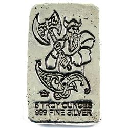 5oz fine silver Monarch bar featuring a Viking with Battleaxes. Old pour style. (tax exempt)