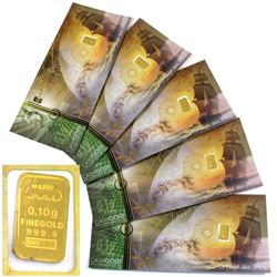 Karat bars 1/10 Gram .9999 Fine Gold Pieces in Certificate Sleeves. 5pcs (TAX Exempt)