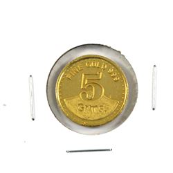 5 Gram Gold Round from Nakoda Bullion Mumbai, India. Round features a rose on reverse. .999 Fine, Ro