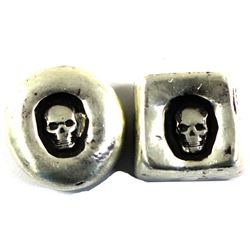 Pair of 1oz Fine Silver Skull Ingots. Made by MK Bars lot includes a Square shapes and round shape w