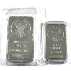 1oz & 5oz Sunshine Mint .999 Fine Silver Bars. 2pcs (TAX Exempt)