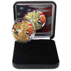 2018 USA 1oz .999 Fine Silver Eagle Coloured & Gold Plated Donald Trump and American Flag Design in