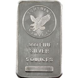 5oz Sunshine Minting .999 Fine Silver Bar (Scratched). TAX Exempt