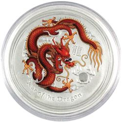 2012 Australia 5oz Coloured Year of the Dragon .999 Fine Silver Coin (Capsule scratched). TAX Exempt