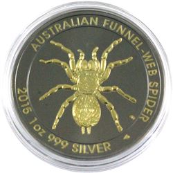2015 Australia 1oz Coloured & Ruthenium/Gold Plated .999 Fine Silver Funnel-Web Spider. (TAX Exempt)