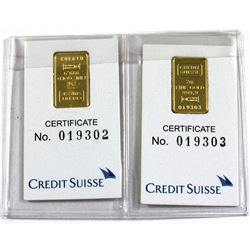 Credit Suisse 2g .9999 Fine Gold Bars in Certificates. 2pcs (TAX Exempt)