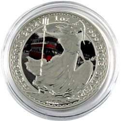 2014 Great Britain 1oz Double Decker Bus Coloured .999 Fine Silver Britannia in Capsule (Toned). TAX