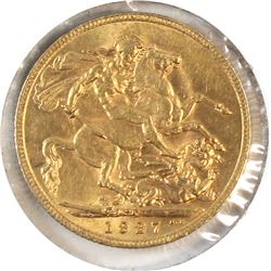 1927SA Great Britain Sovereign AU-UNC. Contains 0.2354oz fine gold.