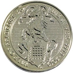 2019 Great Britain 5 Pounds Queen's Beasts - Yale of Beaufort 2oz Fine Silver Coin (Lightly Toned).