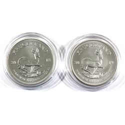 2018 & 2019 South Africa 1oz Fine Silver Krugerrands in Capsules (2018 lightly toned). 2pcs (TAX Exe