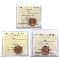 2000, 2001, & 2002P Canada 1-cent all ICCS Certified MS-67 RED! All tied for the highest grade by IC