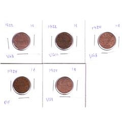 1922-1925 Key Date Canada 1-cents: 2x 1922,2x 1924 & 1925. 5pcs