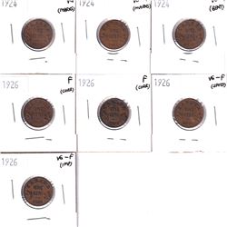 1924-1936 Canada 1-cents in Very Good to Fine Condition, coins contain various imperfections. Lot in