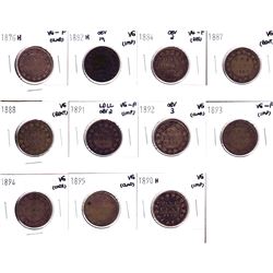 1876-1895 Canada Large cent in VG or better condition. Lot includes: 1876H,1882H Ob. 1a,1884 Obverse