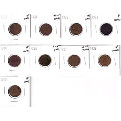 1920-1929 Canada small cent in very good or Better condition. Lot includes: 1920,1921,1922,1924,192
