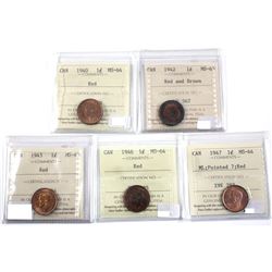 1940-1947 Canada 1-cent ICCS Certified MS-63/64. Lot includes : 1940 MS64, 1942 MS63 Red/Brown, 194