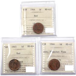 1944, 1945 & 1946 Planchet Flaw Canada 1-cent ICCS Certified MS-63. 3pcs