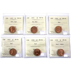 1953 NSF, 1955 SF, 1956,1957,1958 & 1959 Cameo 1-cent ICCS Certified MS-64. 6pcs