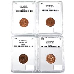 1966,1967,1969 & 1970 Canada 1-cent PNG Certified MS-65. 4pcs