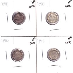 1901-1916 Canada 5-cents : 1901 VF (imp), 1903 VF (scratched), 1905 VF (scratched) & 1916 5c VF (scr