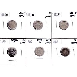 1880-1889 Canada 5-cents: 1880H VG-F, 1881H Fine, 1882H VG-F, 1885 small 5 Good, 1886 Small 6 VG-F,