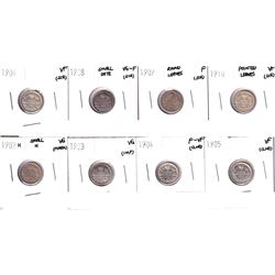 1902-1910 Canada 5-cents: 1902H Small H, 1903, 1904,1905,1906,1908 Small Date,1909 Round leaves, 191