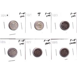 1890H, 1891 Obverse 5, 1893, 1896,1897 & 1898 Canada 5-cents F-VF. Coins contain various imperfectio