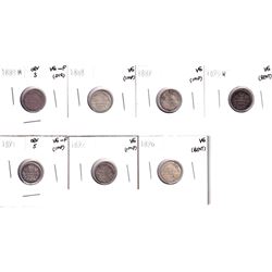 1880-1896 Canada 5-cents: 1880H  Obverse 3 VG-F, 1888 VG,1889 VG,1890H VG, 1891 obverse 5 VG-F, 1892