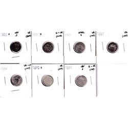 1880-1891 Canada 5-cents: 1880H Obverse 3 VG, 1881H G-VG, 1886 Small 6 VG, 1887 VG, 1888 VG-F, 1890H