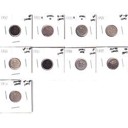 1902-1910 Canada 5-cents: 1902 EF, 1902H G-VG, 1903H small H VF, 1905 VF-EF, 1906 VF-EF, 1907 EF, 1