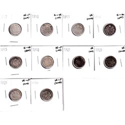 1907-1930 Canada 5-cents: 1907 VG-F, 1910 G-VG, 1911 VG, 1912 G-VG,1915 G-VG, 1918 Vg-F, 1921 VG, 19