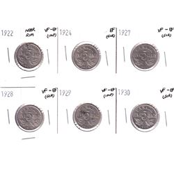 1922-1930 Canada 5-cents: 1922 Near Rim VF-EF, 192 4EF,1927 VF-EF,1928 VF-EF,1929 VF-EF & 1930 VF-EF