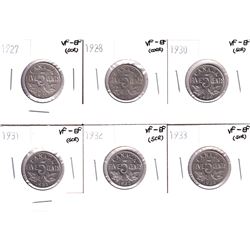 1927,1928,1930,1931,1932 & 1933 Canada 5-cents VF-EF(impaired). Coins contain various imperfections.