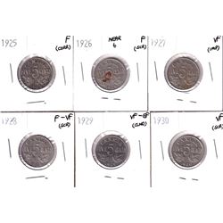 1925, 1926 Far 6, 1927,1928,1929 & 1930 Canada 5-cent in Fine or Better Condition. Coins contain var