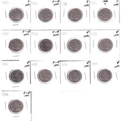 1923-1936 Canada 5-cent in Fine or better condition. 1923 F,1924 F-VF,1925 F, 1926 Near 6 F,1927 F-V