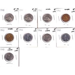 1940-1945 Canada 5-cents: 1940 EF-AU, 1941 EF-AU, 1942 EF, 1942 Tombac EF,1943 Tombac EF,1944 EF, 19