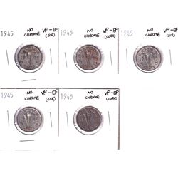 5x 1945 No Chrome 5-cent VF-EF. Coins contain various imperfections, please view scans for details.