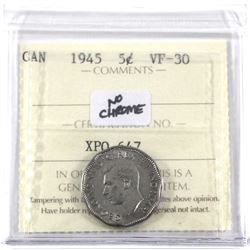 1945 No Chrome 5-cent ICCS Certified VF-30