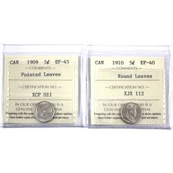 1909 Pointed Leaves 5-cent EF-45 & 1910 Round Leaves 5-cent EF-40 both ICCS Certified. 2pcs
