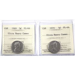 1969 & 1970 Canada 5-cent ICCS Certified PL-66 Ultra Heavy Cameo. 2pcs