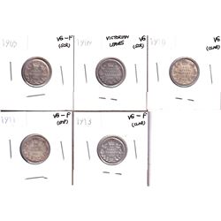 Lot of Canada 10-cents: 1905 VG-F, 1909 Victorian Leaves VG, 1910 VG, 1911 VG-F & 1913 VG-F. coins c
