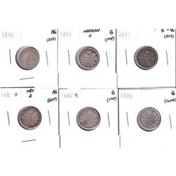 1858-1888 Canada 10-cents: 1858 AG, 1870 Narrow O G, 1871 G-VG, 1881H Obverse 2 AG, 1882H G & 1888 G