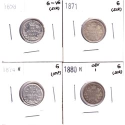 Canada 10-cents: 1858 G-VG, 1871 Good, 1874H Good & 1880H Obverse 1 Good. Coins contain various impe