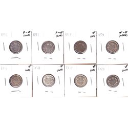 1910-1928 Canada 10-cents: 1910 F-VF, 1911 F-VF, 1912 VF, 1914 VF-EF, 1917 VF,1918 VF, 1919 VF, 1928