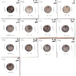 1917-1936 Canada 10-cents: 1917 VF,1918 F-VF, 2x 1919 Fine, 1928 Fine,1930 Fine,1931 F-VF, 1932 VG-F